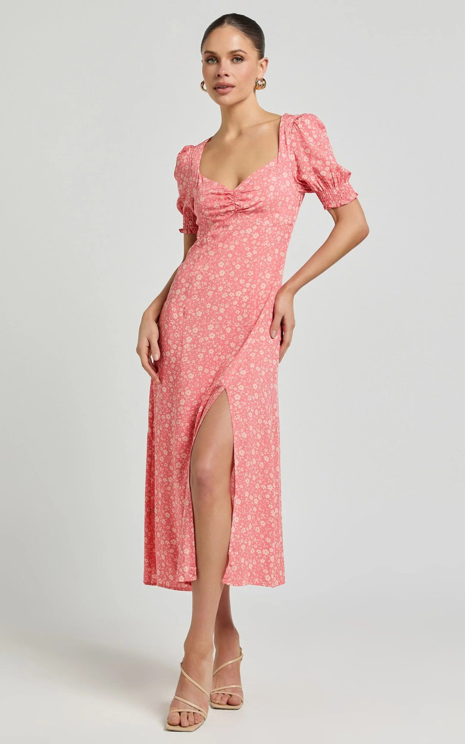 Marcel Midi Dress - Sweetheart Puff Sleeve Thigh Split Dress in Coral