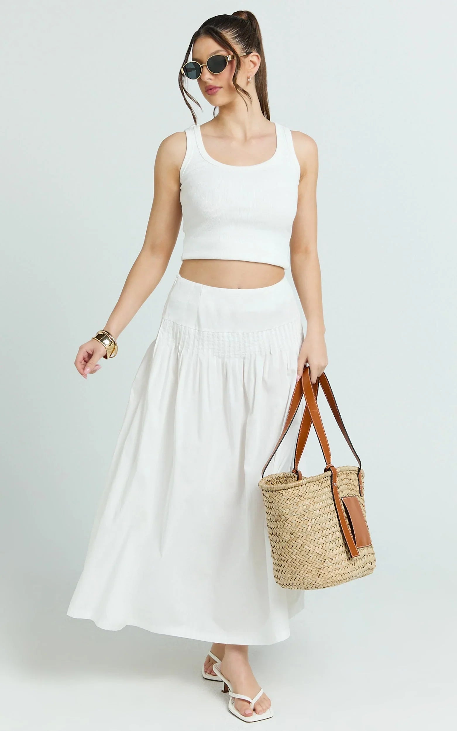 Auburn Maxi Skirt - Poplin Pintucked A Line Skirt in Ivory