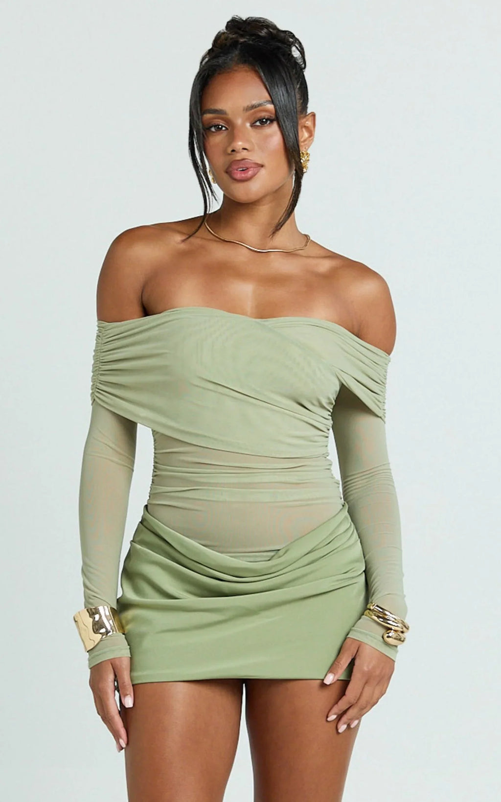 Jade Mini Dress - Long Sleeve Off Shoulder Draped Bias Cut Dress in Sage