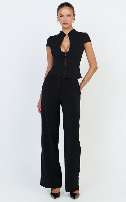 Briony Top - High Neck Front Key Hole Hook And Eye Top in Black