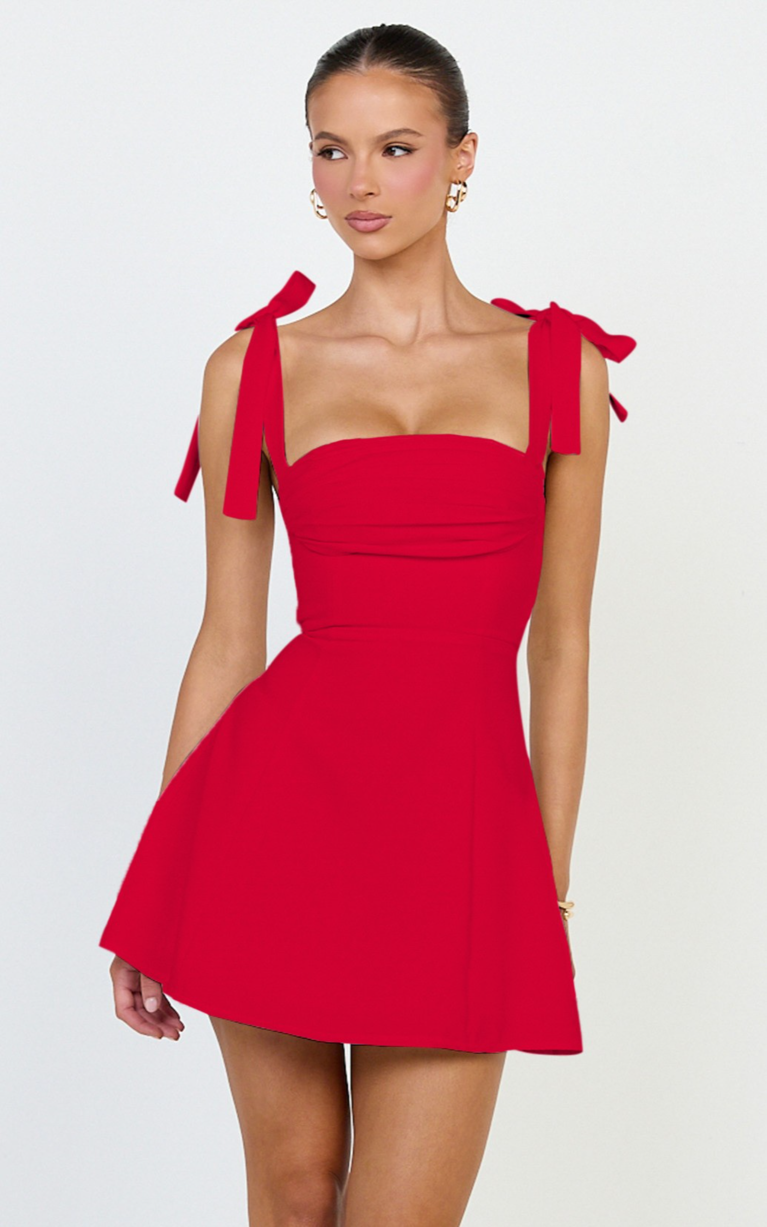 Inez Mini Dress - Gathered Bust A Line Shoulder Tie Dress in Red