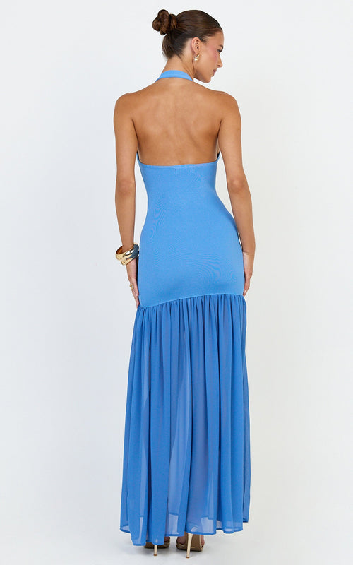Barbara Maxi Dress - Halter Scoop Neck Contrast Georgette Dress in Cornflower Blue
