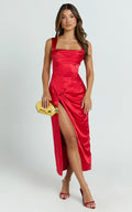 Jacinda Midi Dress - Pleated Bust Draped Front Fitted Dress in Red