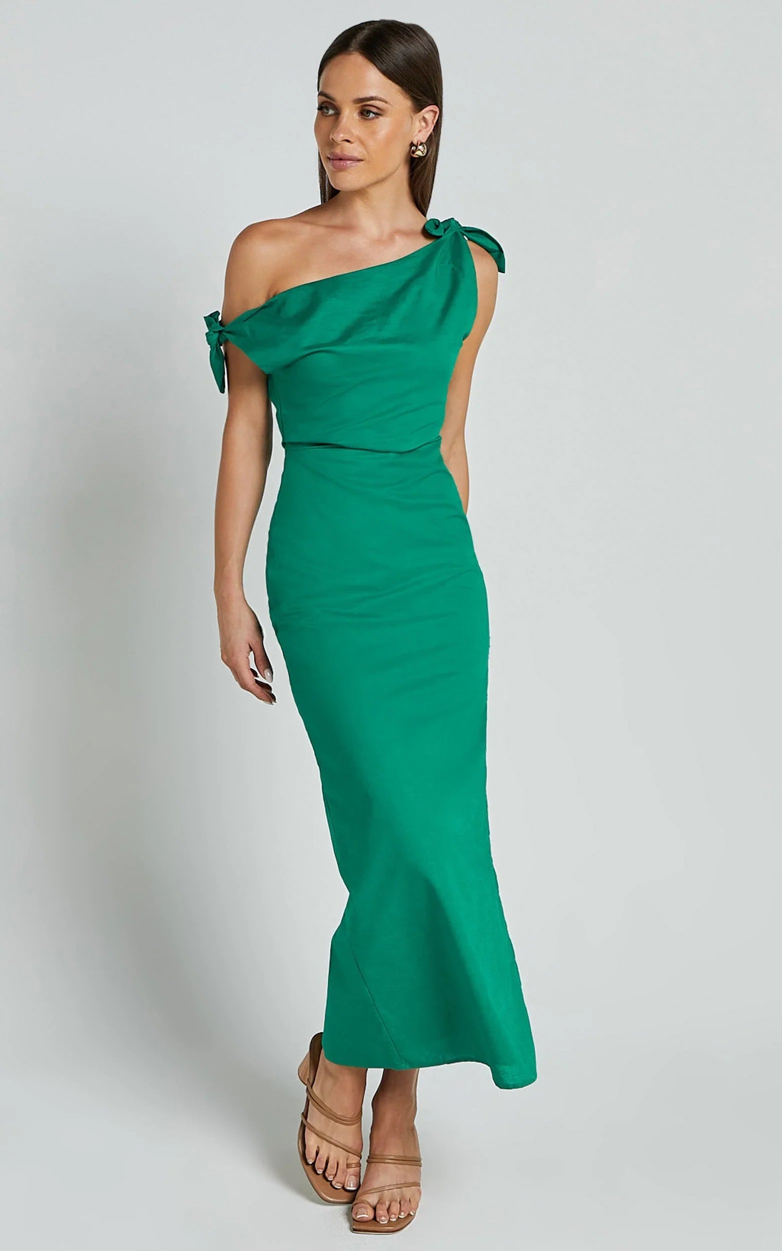 Cincinnati Midi Dress - Off The Shoulder Side Split Column Linen Dress in Green