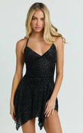 Joel Mini Dress - Jersey Halter Neck Asymmetric Hem Dress in Black
