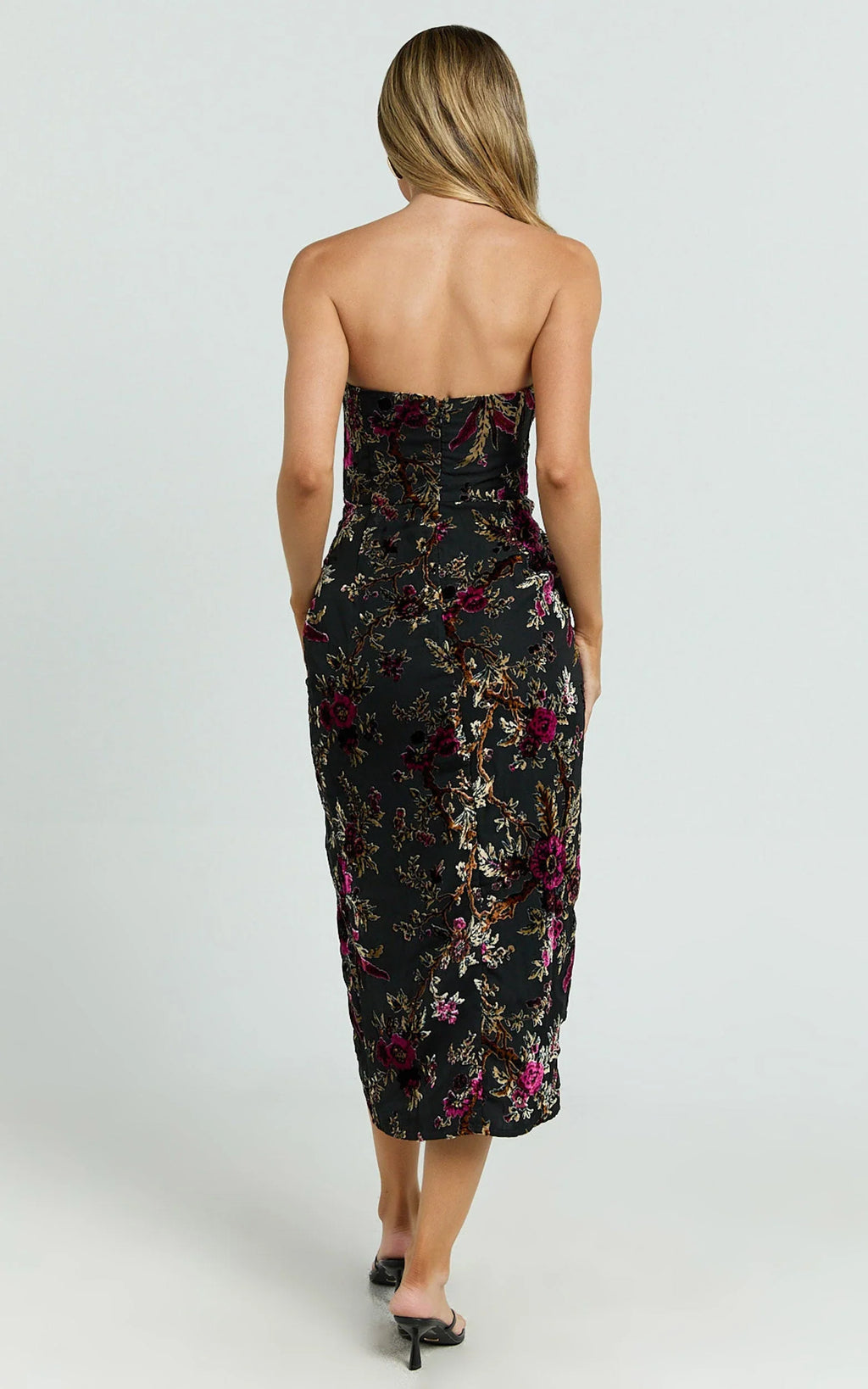 Jessell Midi Dress - High Split Strapless Dress in Black Floral