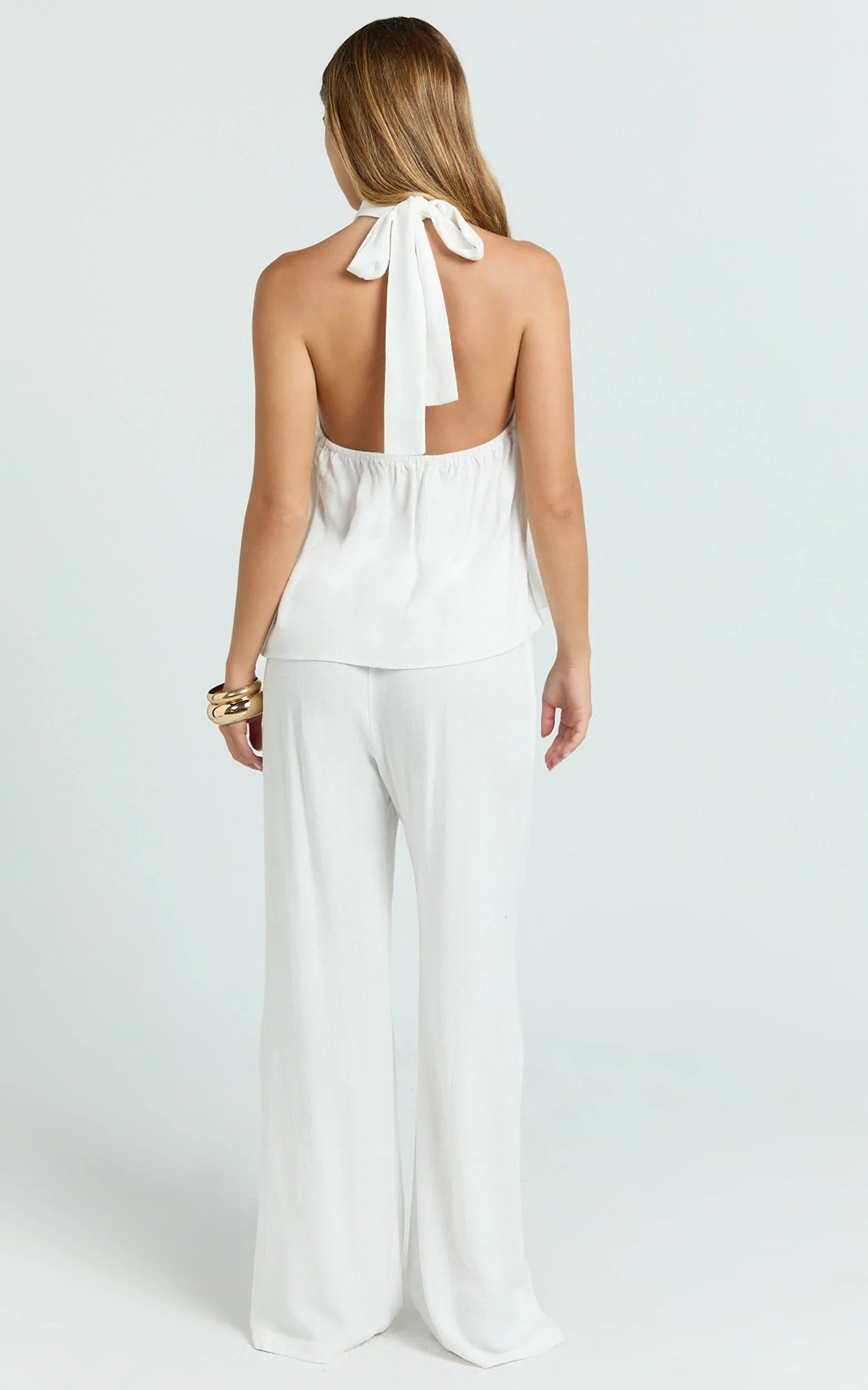 Ingrid Two Piece Set - Knot Detail Halter Neck Top and Wide Leg Pants Set in Off White