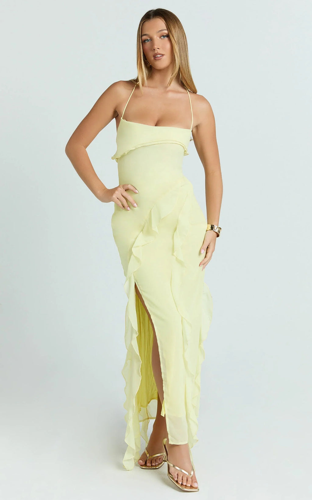 Connie Midi Dress - Ruffle Detail Dress in Lemon