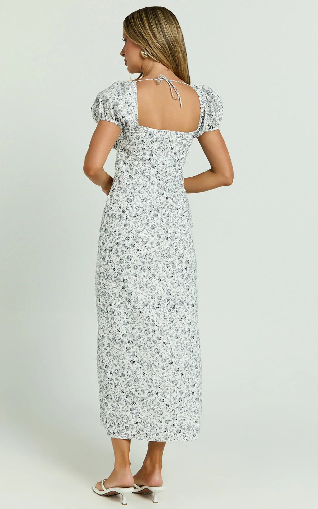 Leila Midi Dress - Puff Sleeve High Split Dress in White/Blue