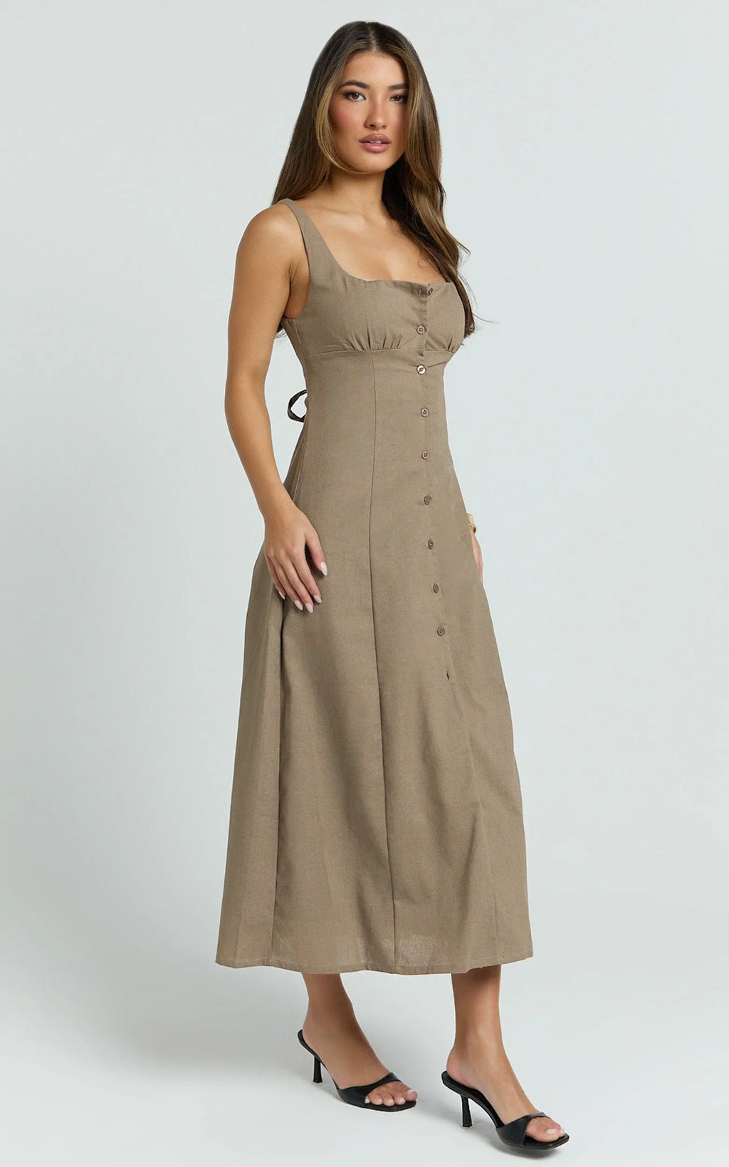Cameron Midi Dress - Button Front Tie Back Dress in Mocha