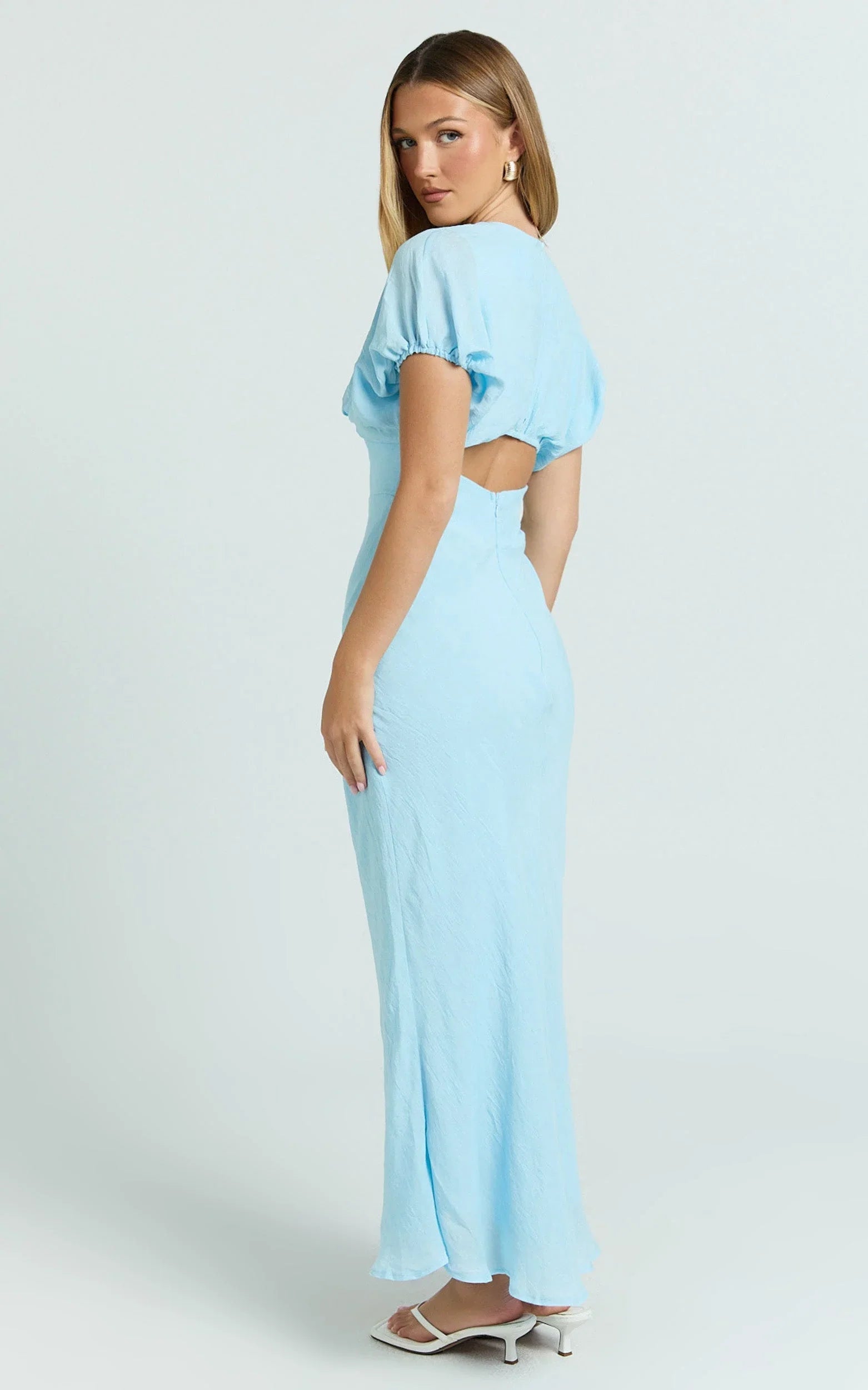 Desiree Midi Dress - V Neck Flutter Short Sleeve Slip Dress in Blue