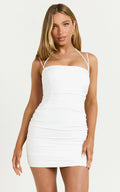 Donna Mini Dress - Strapped Gathered Fitted Dress in Off White