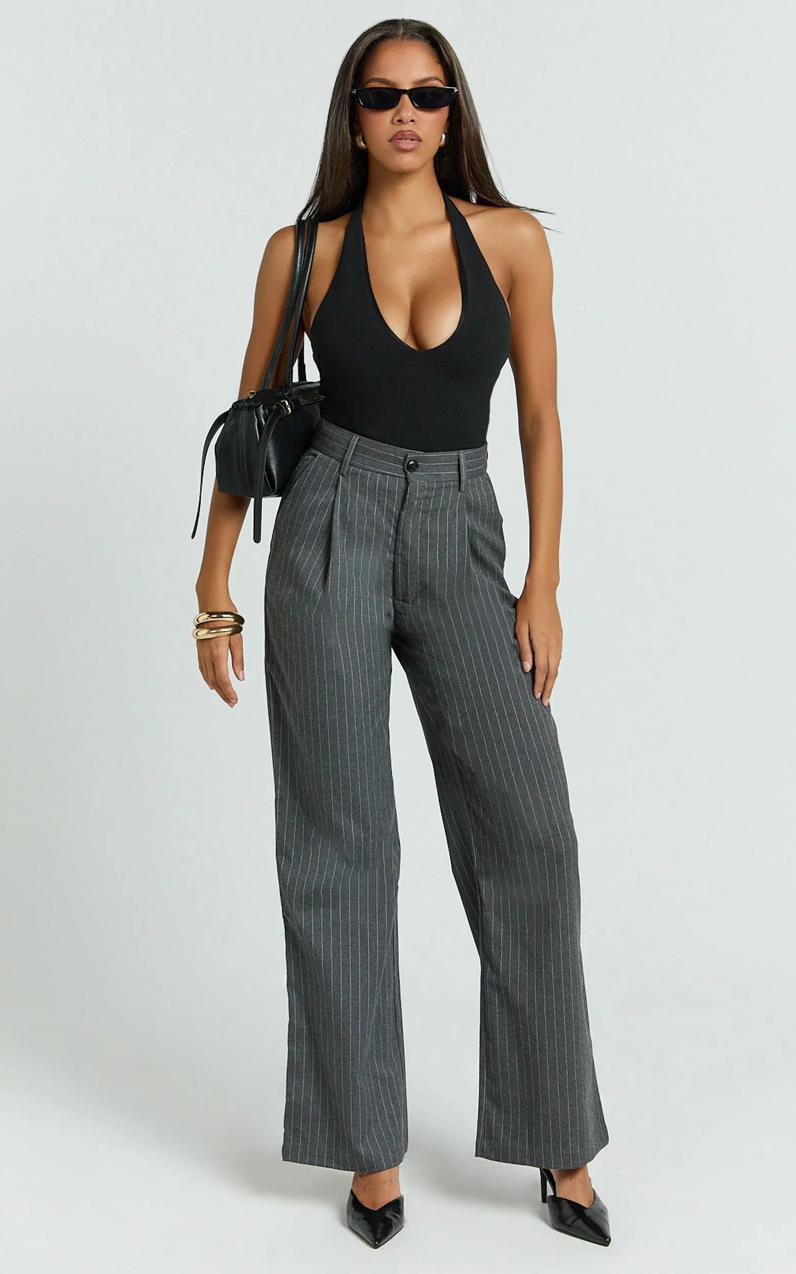 Nora Pants - Pinstripe Tailored Relaxed Pants in Grey Pinstripe