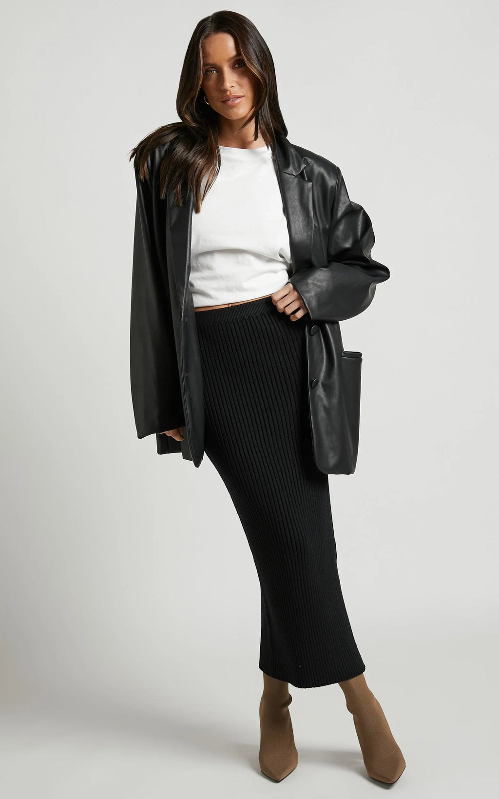 Andalucia Midi Skirt - Ribbed Side Split Skirt in Black