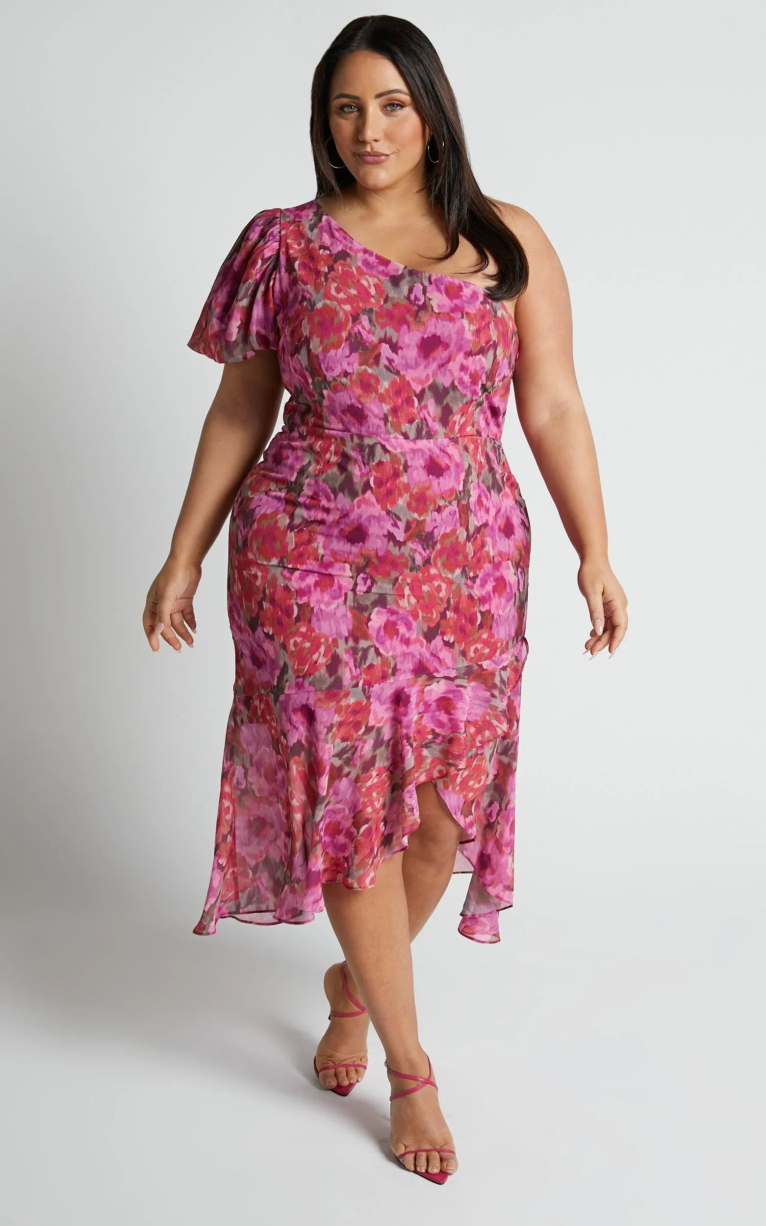 Clabelle Midi Dress - One Shoulder Ruffle Tulip Hem Dress in Violette Blur Floral