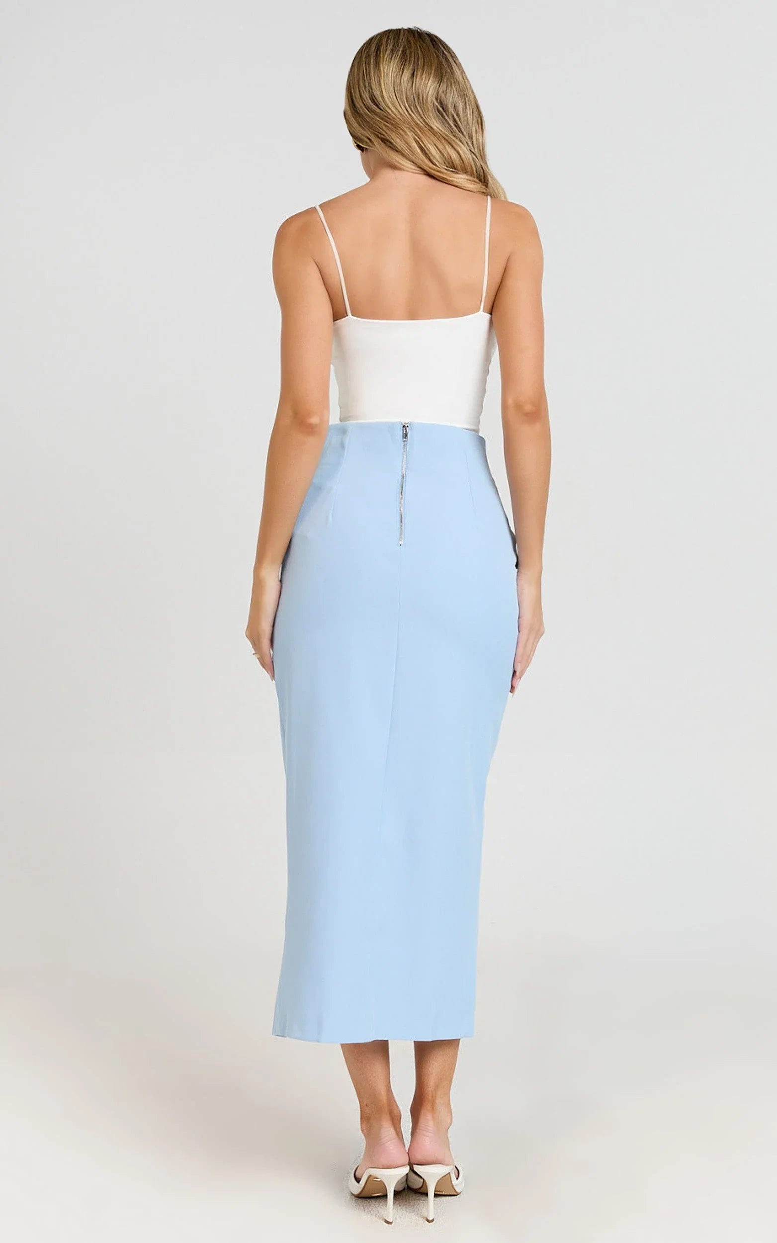 Davie Midi Skirt - High Waist Split Front Skirt in Ice Blue