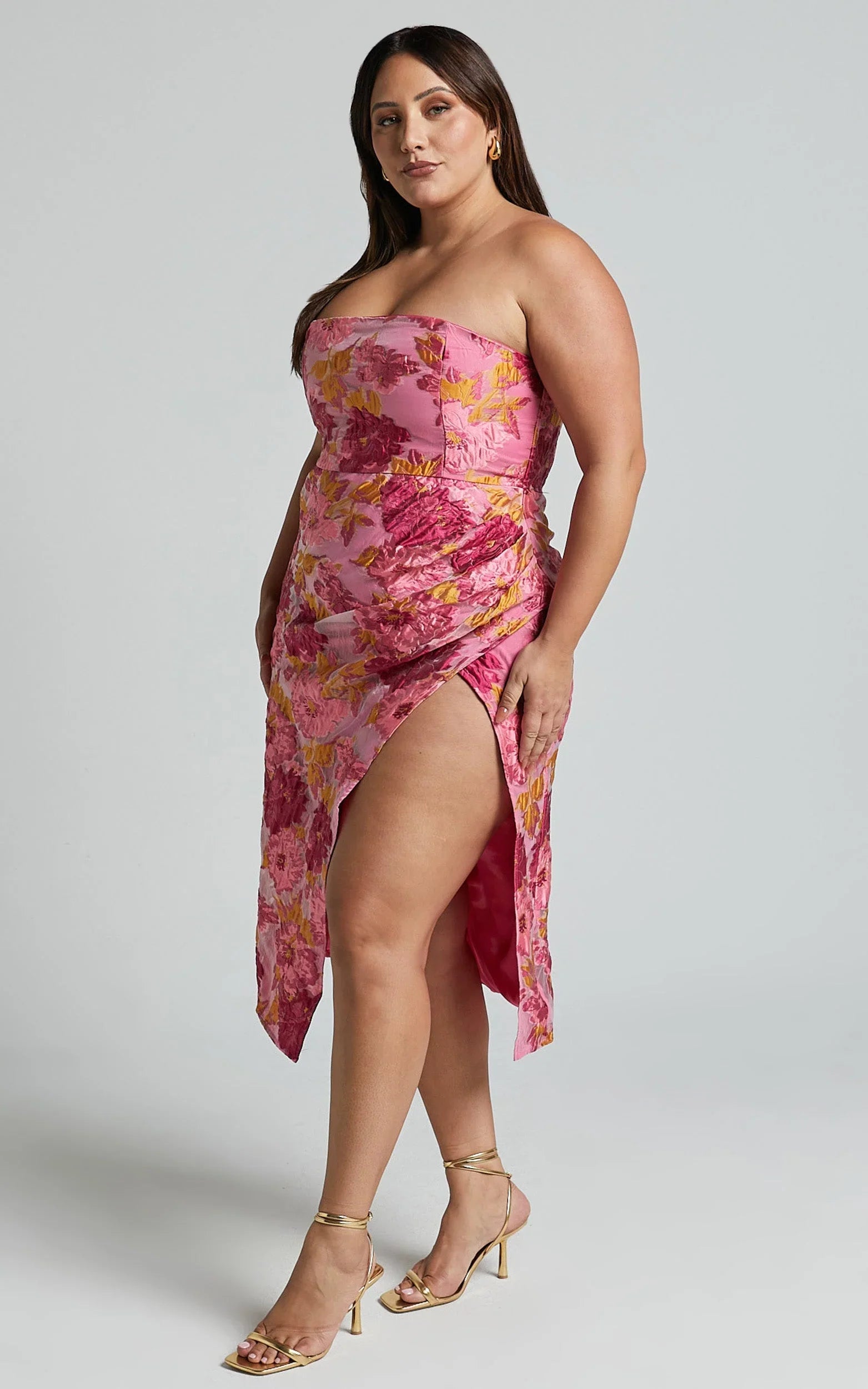 Brailey Midi Dress - Thigh Split Strapless Dress in Pink Jacquard