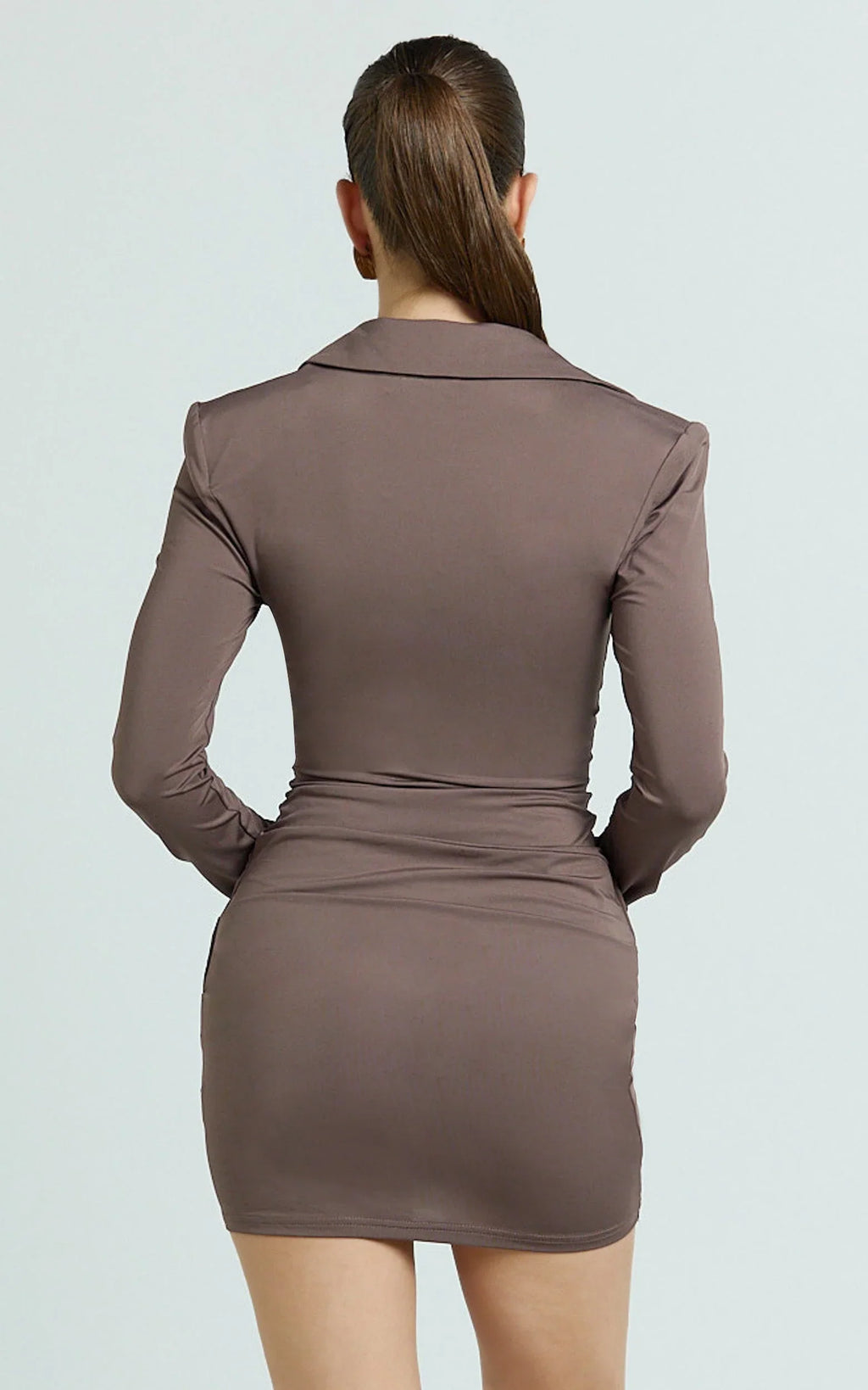 Heath Mini Dress - Concealed Placket Drape Gather Skirt Overlay Dress in Brown