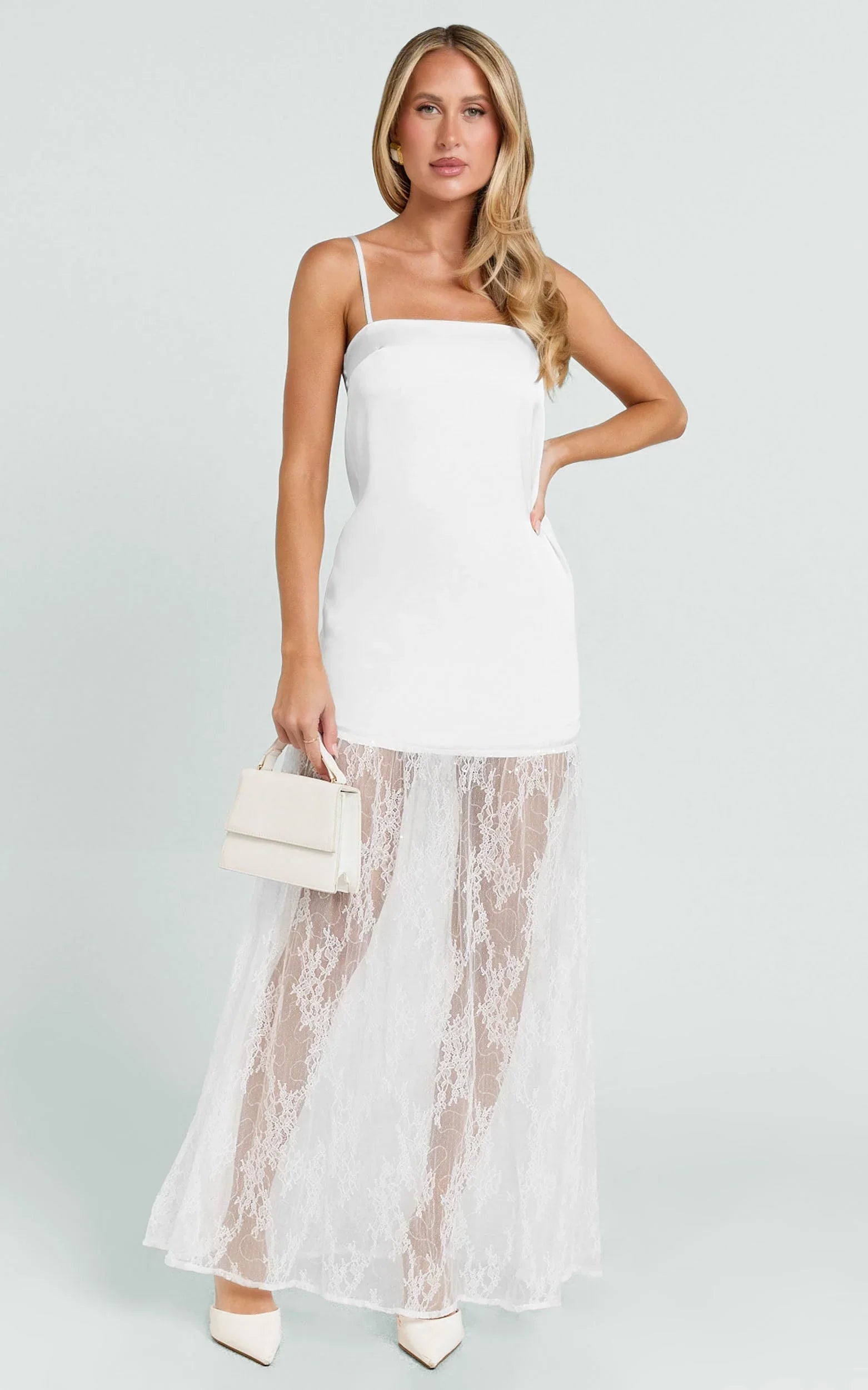 Loren Maxi Dress - Square Neck Contrast Skirt Dress in White