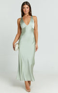 Khalani Midi Dress - Deep V Neck Satin Slip Dress in Sage