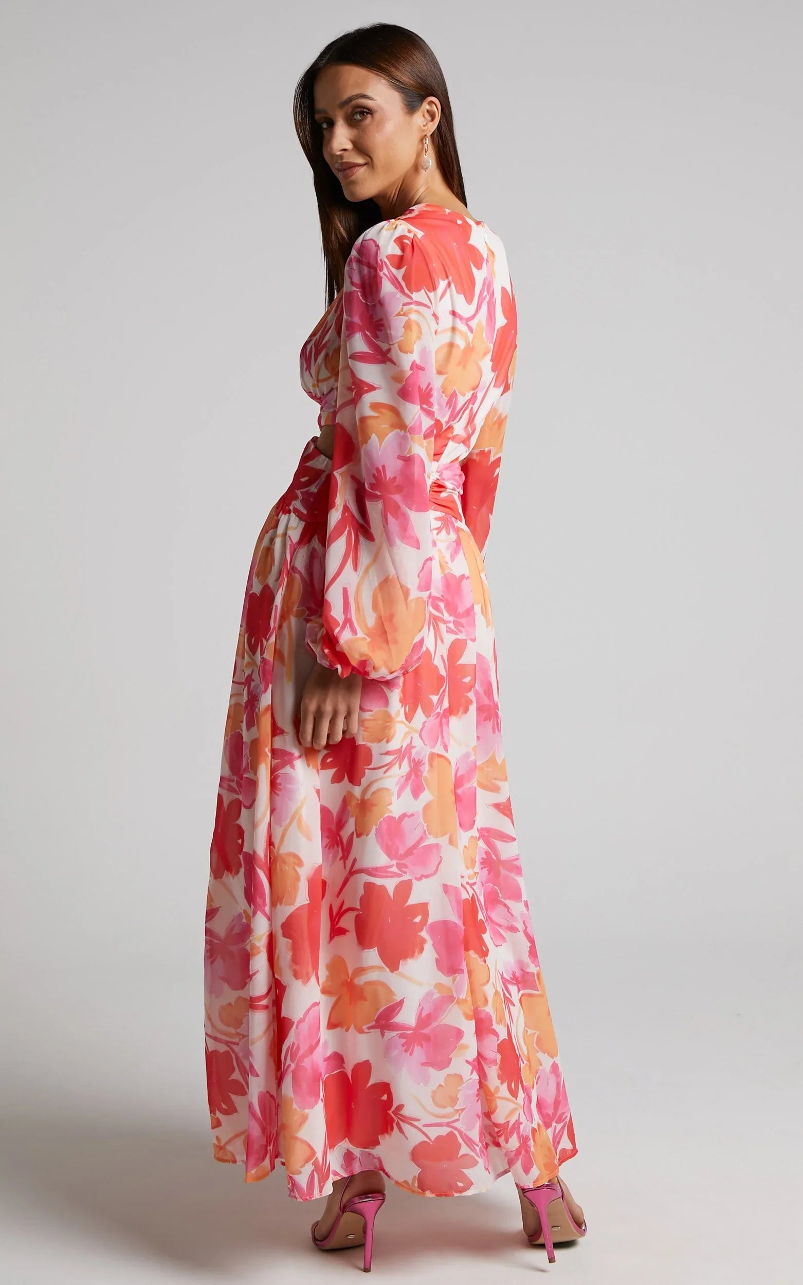 Emilee Midi Dress - Side Cut Out Long Sleeve Plunge Dress in Pink Floral