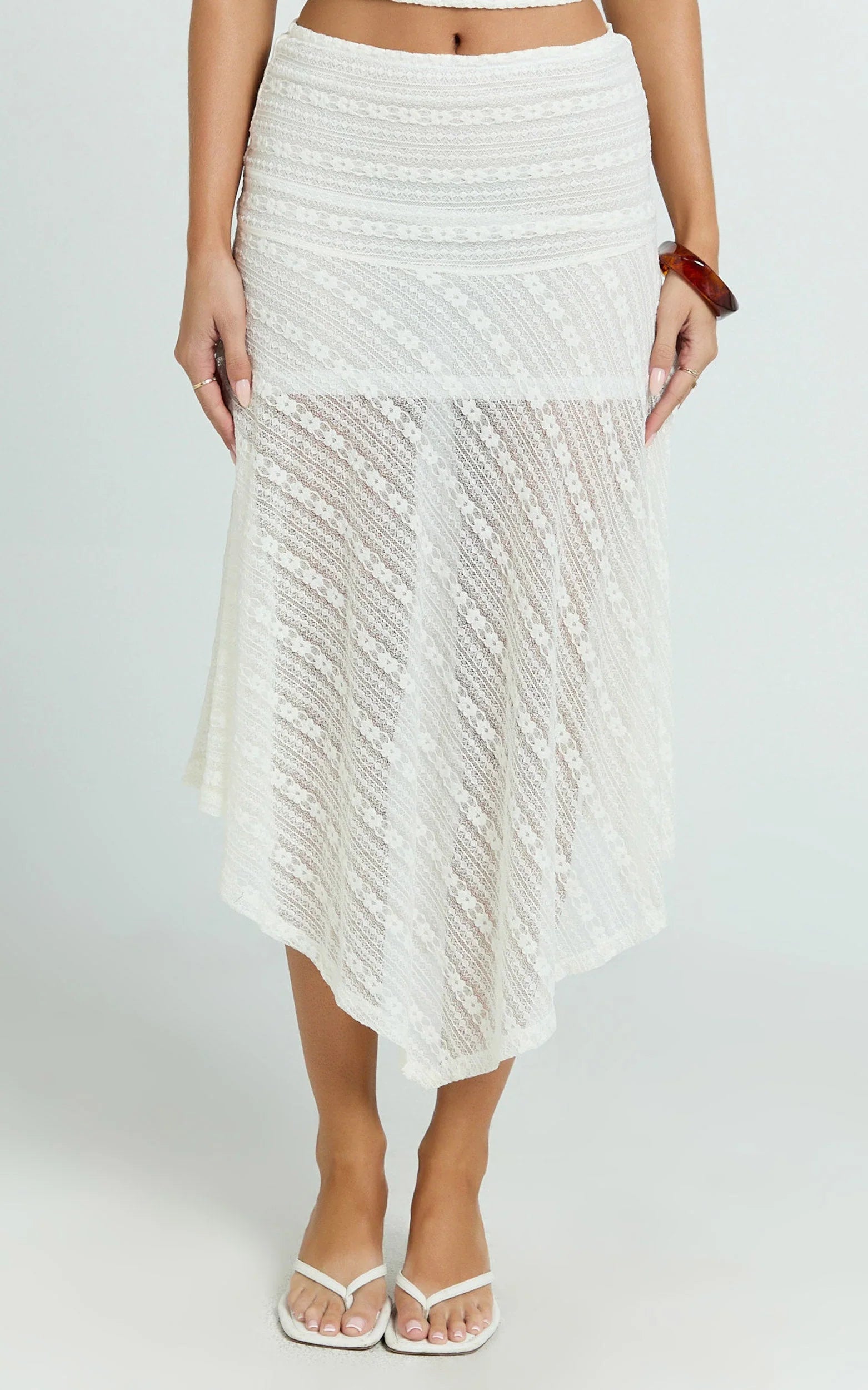 Hayden Midi Skirt - Low Waisted Asymmetrical Lace Midi Skirt in White