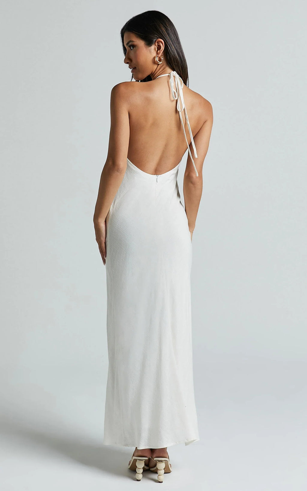 Cyrena Maxi Dress - Linen Halter Neck Sleeveless Slip Dress in Off White