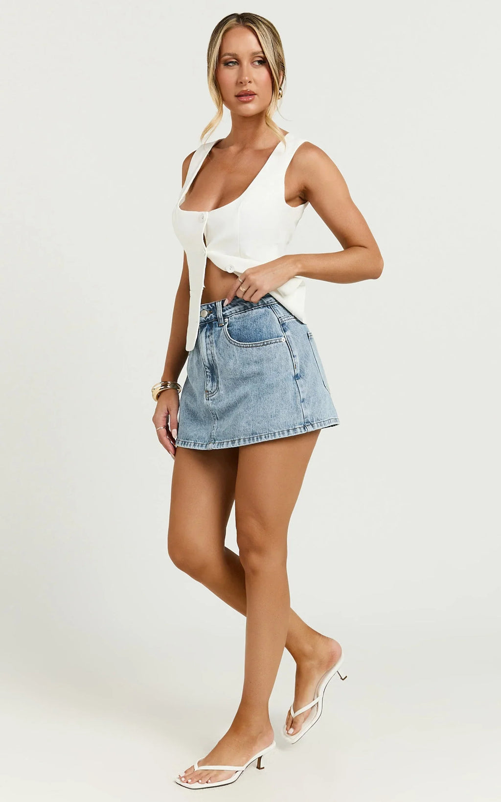 Nalfie Top - Linen Wide Scoop Neck Fitted Vest Top in White