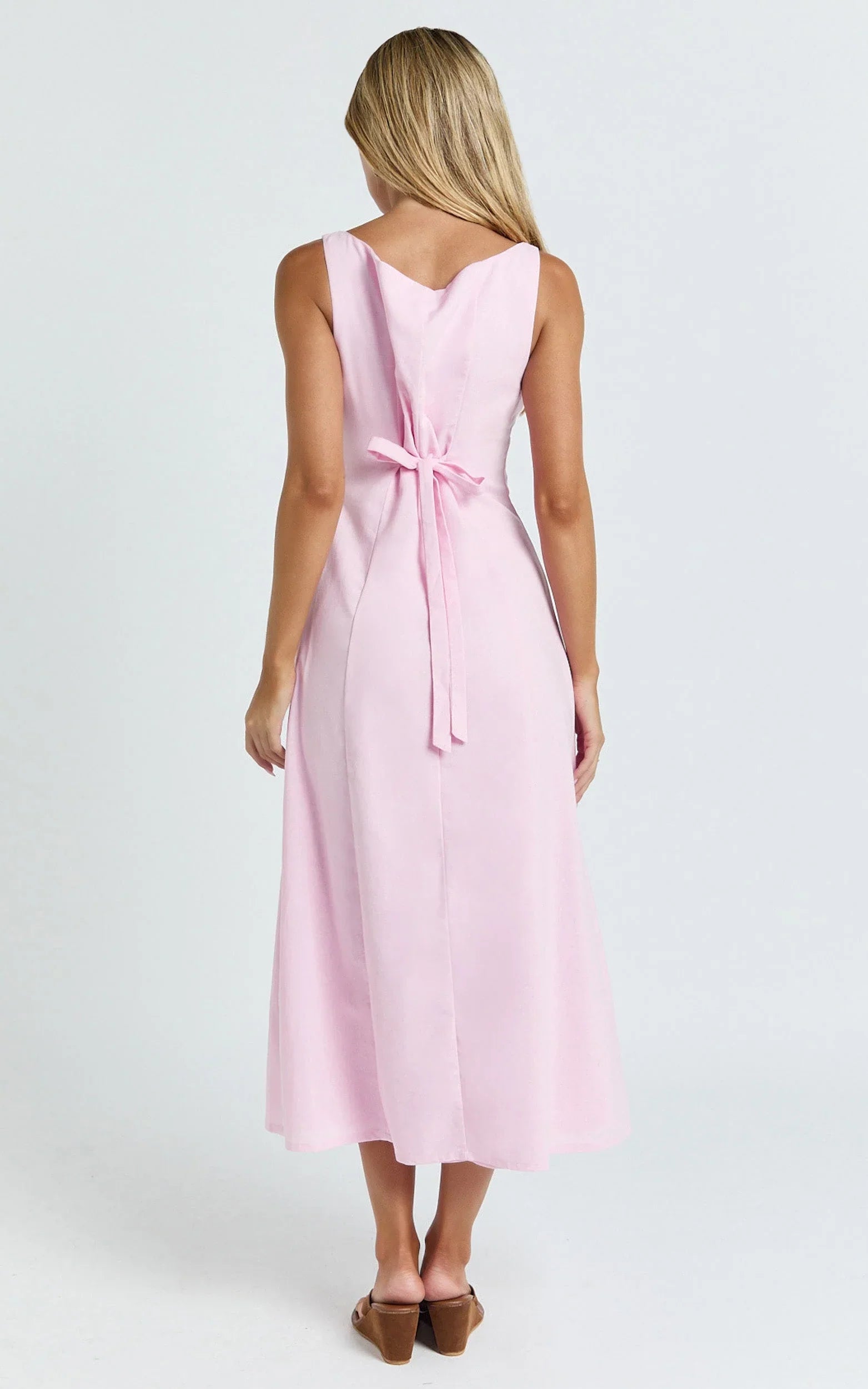 Cameron Midi Dress - Button Front Tie Back Dress in Pink