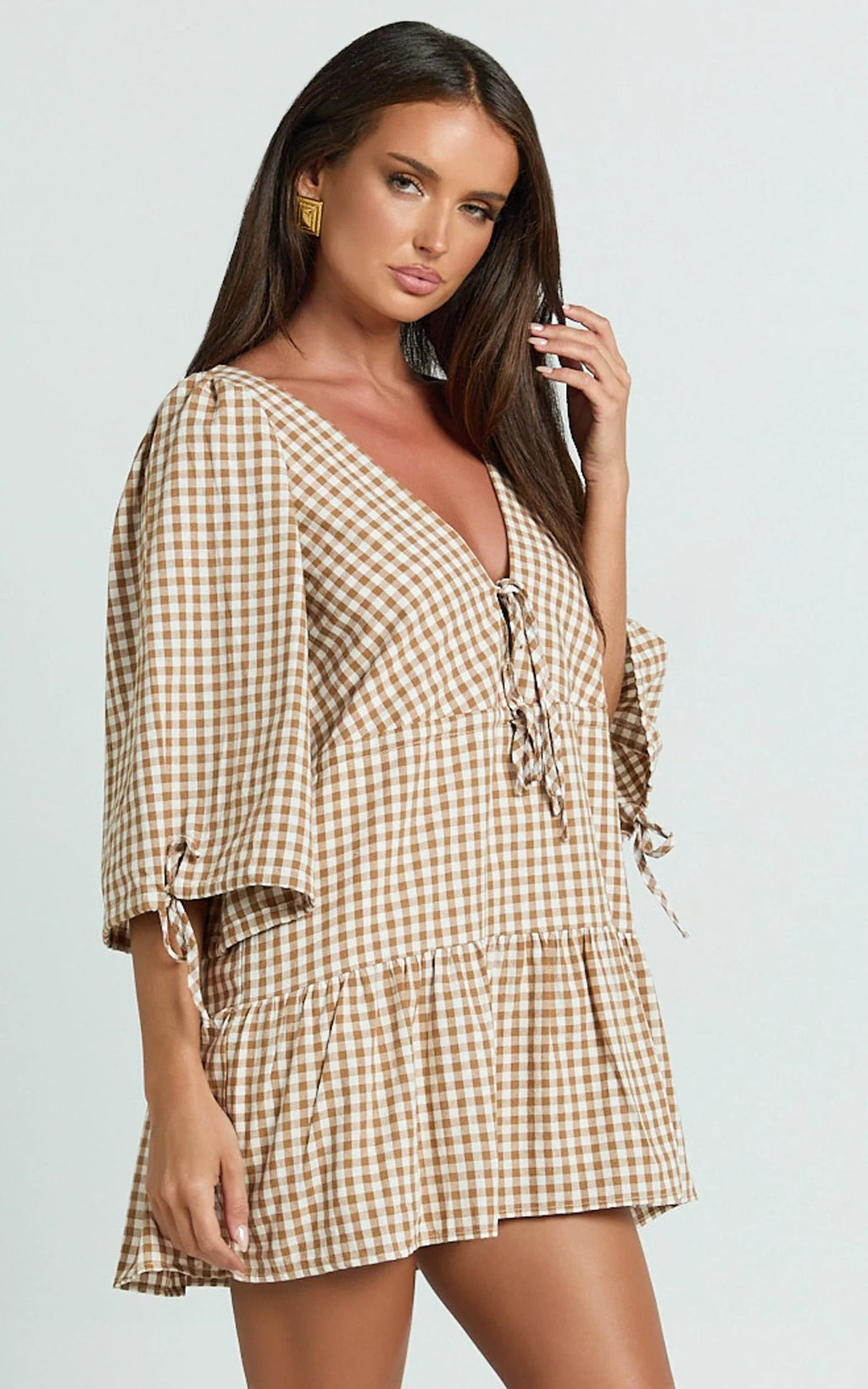 Nour Mini Dress - High Neck Tie Front Drop Waist Gathered Skirt Dress in Caramel/White Gingham