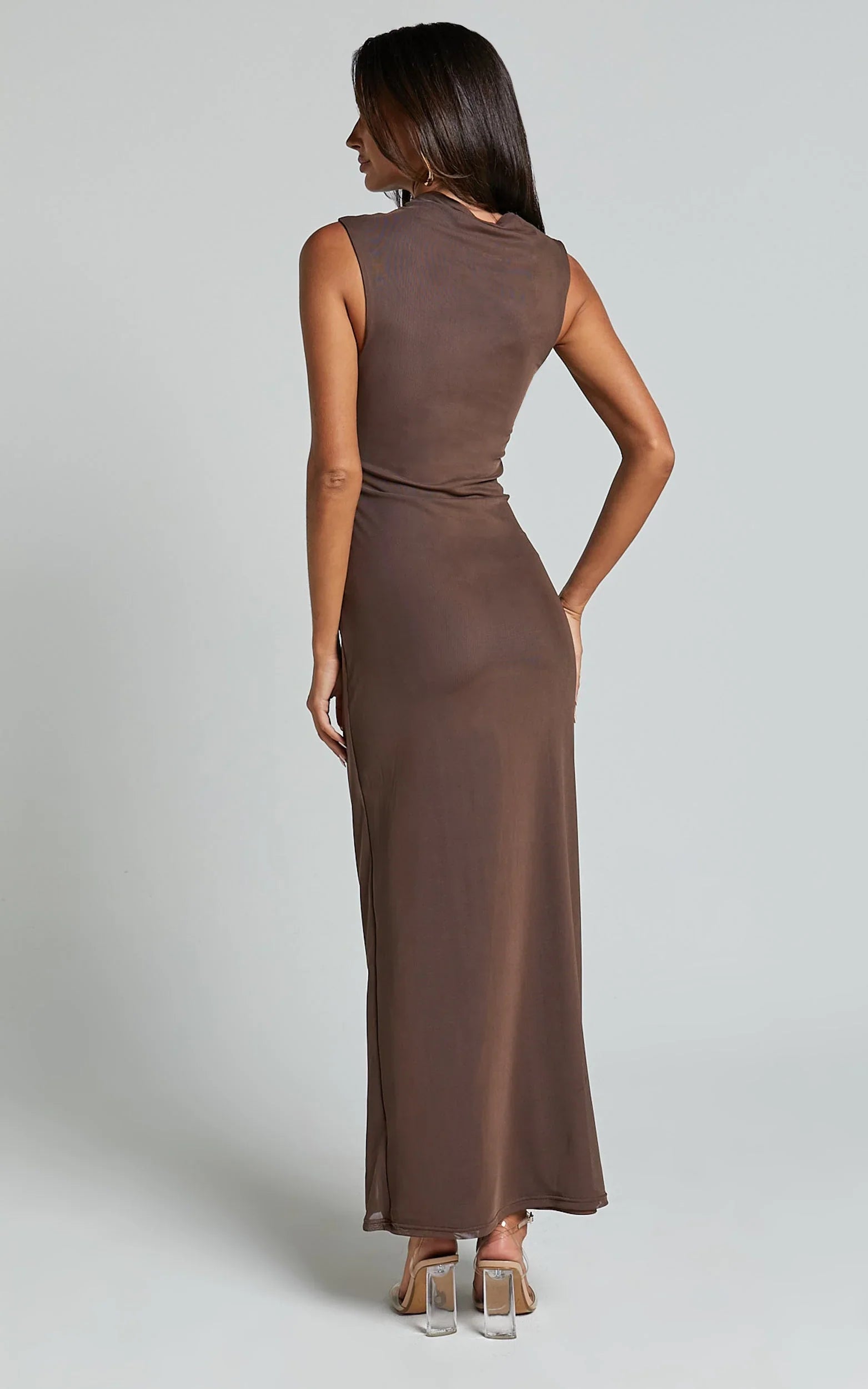 Lara Midi Dress - Asymmetrical Ruched Mesh Dress in Chocolate