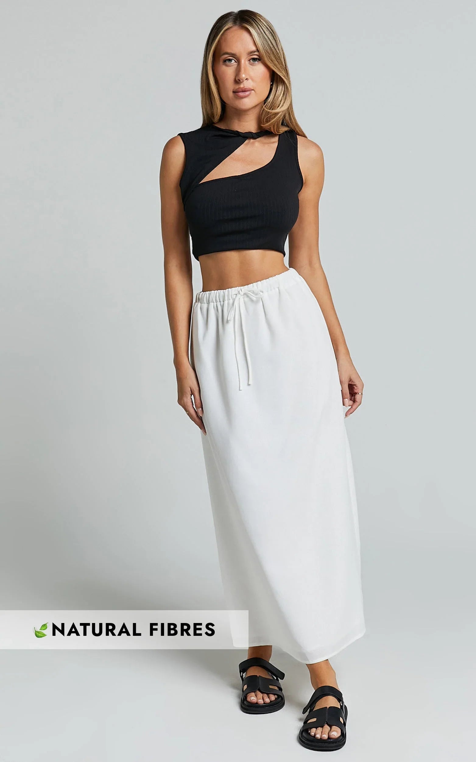 Bree Midi Skirt - Tie Waist Linen Look A Line Skirt in White