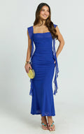 Rosha Midi Dress - Ruffle Strap Dress in Electric Blue