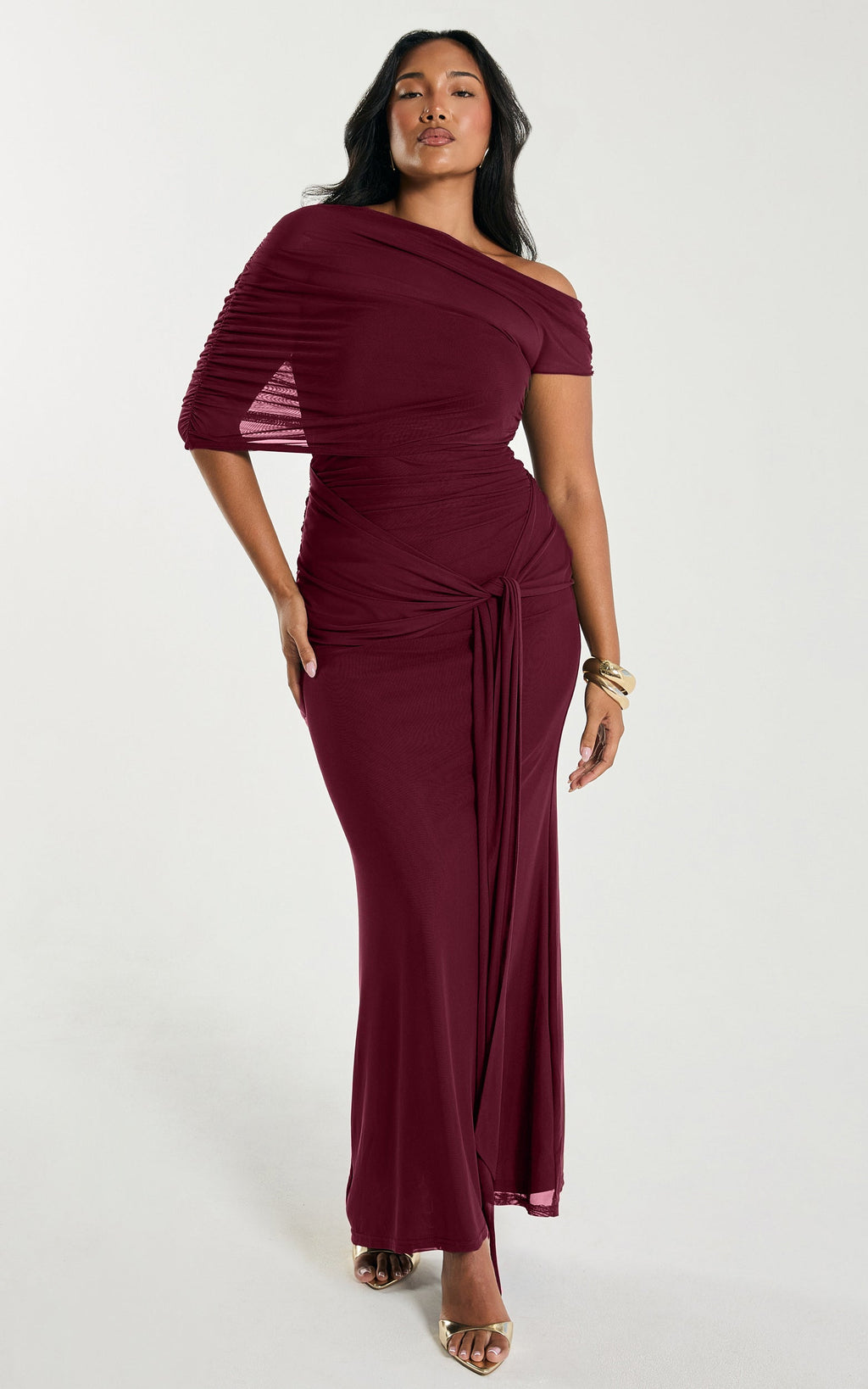 Nicolette Maxi Dress - Cape Sleeve Off Shoulder Dress in Wine
