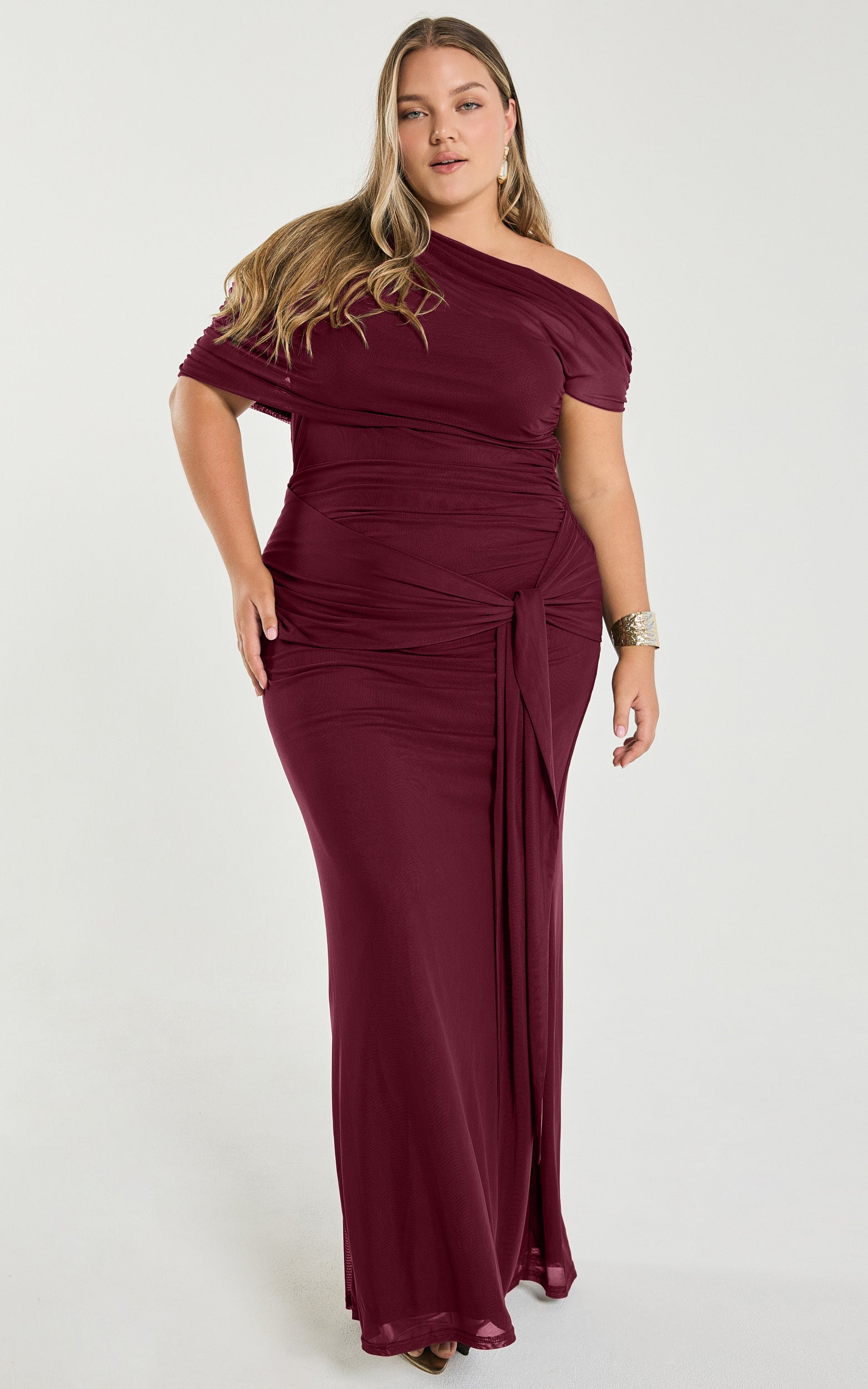 Nicolette Maxi Dress - Cape Sleeve Off Shoulder Dress in Wine