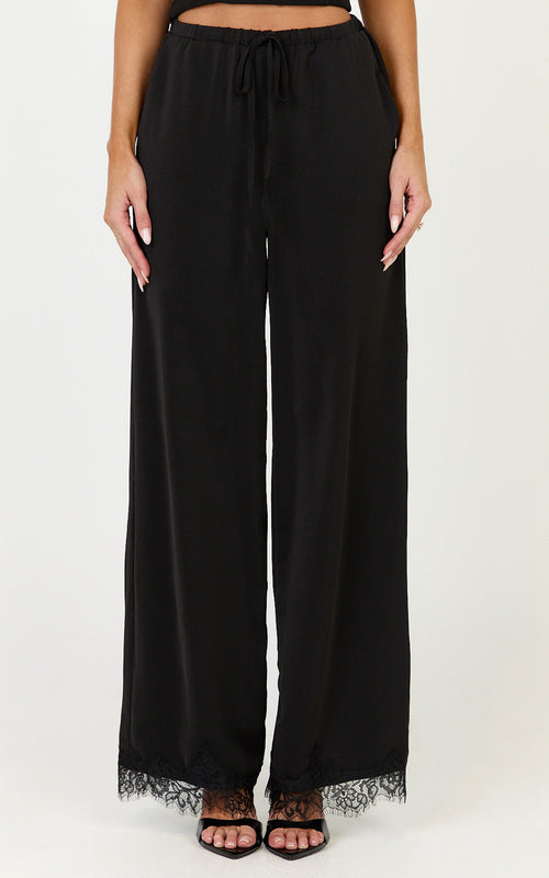 Ava Pants - Mid Waist Relaxed Leg Lace Hem Pants in Black