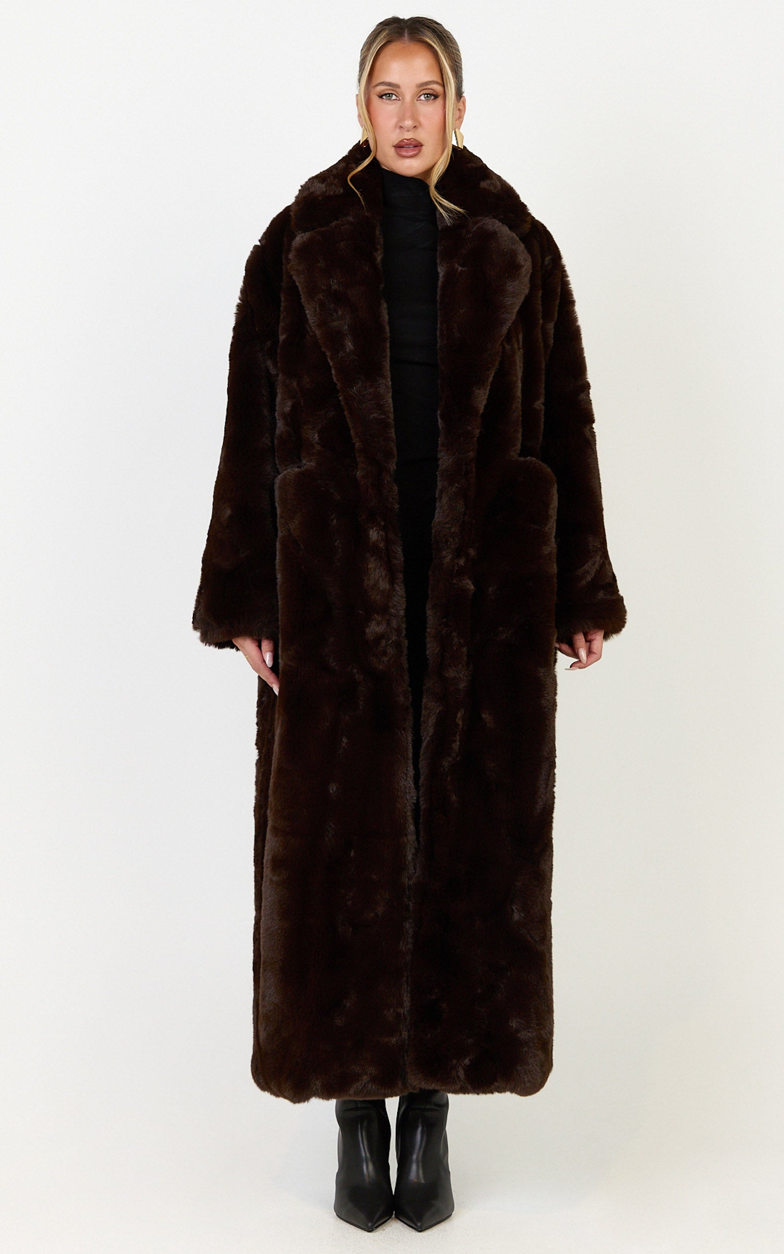 Dana Coat - Longline Faux Fur Coat in Chocolate