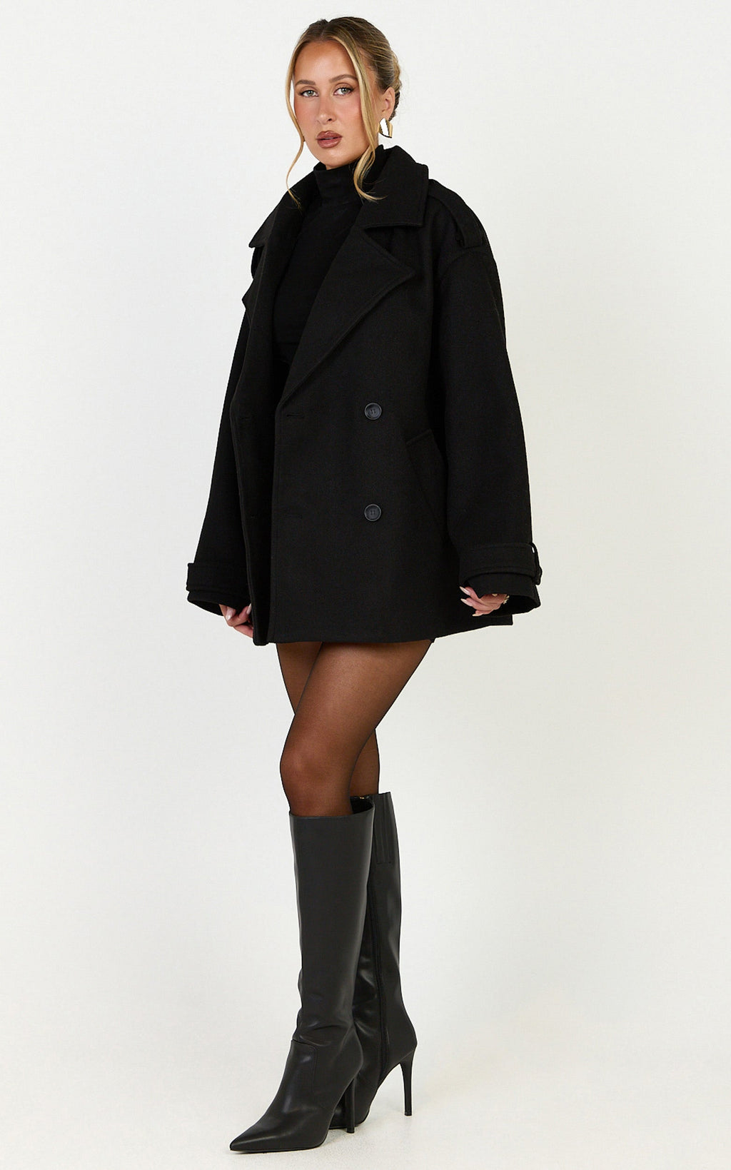 Saskia Coat - Double Breasted Short Wool Like Coat in Black