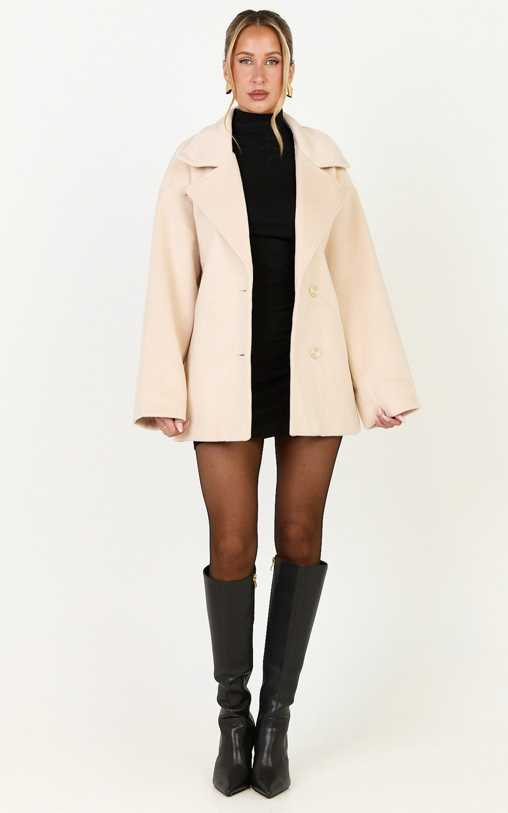 Dahlia Coat - Single Breasted Belted Short Wool Like Coat in Beige