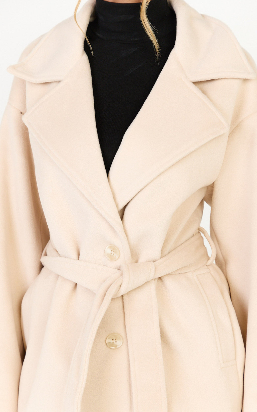 Dahlia Coat - Single Breasted Belted Short Wool Like Coat in Beige