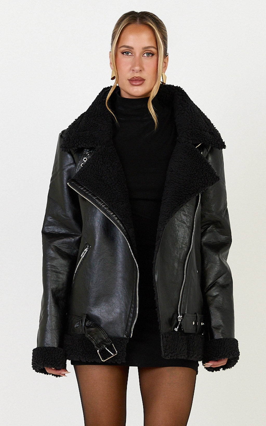 Isolde Jacket - Faux Leather Shearling Biker Jacket in Black Base with Black Borg