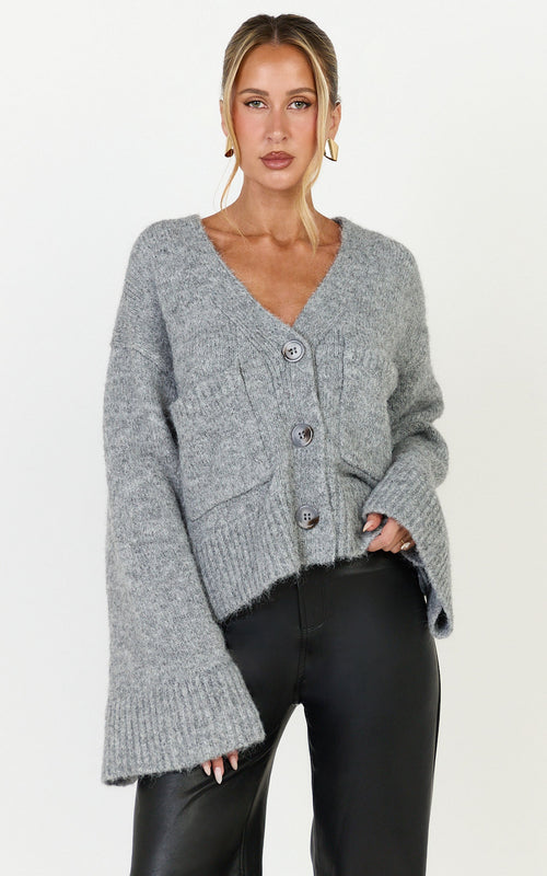 Becka Cardigan - Oversized Recycled Knitted Button Through Cardigan in Grey