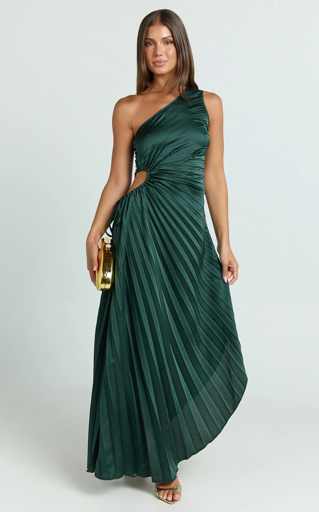 Kitsune Maxi Dress - One Shoulder Cut Out Dress in Emerald Green