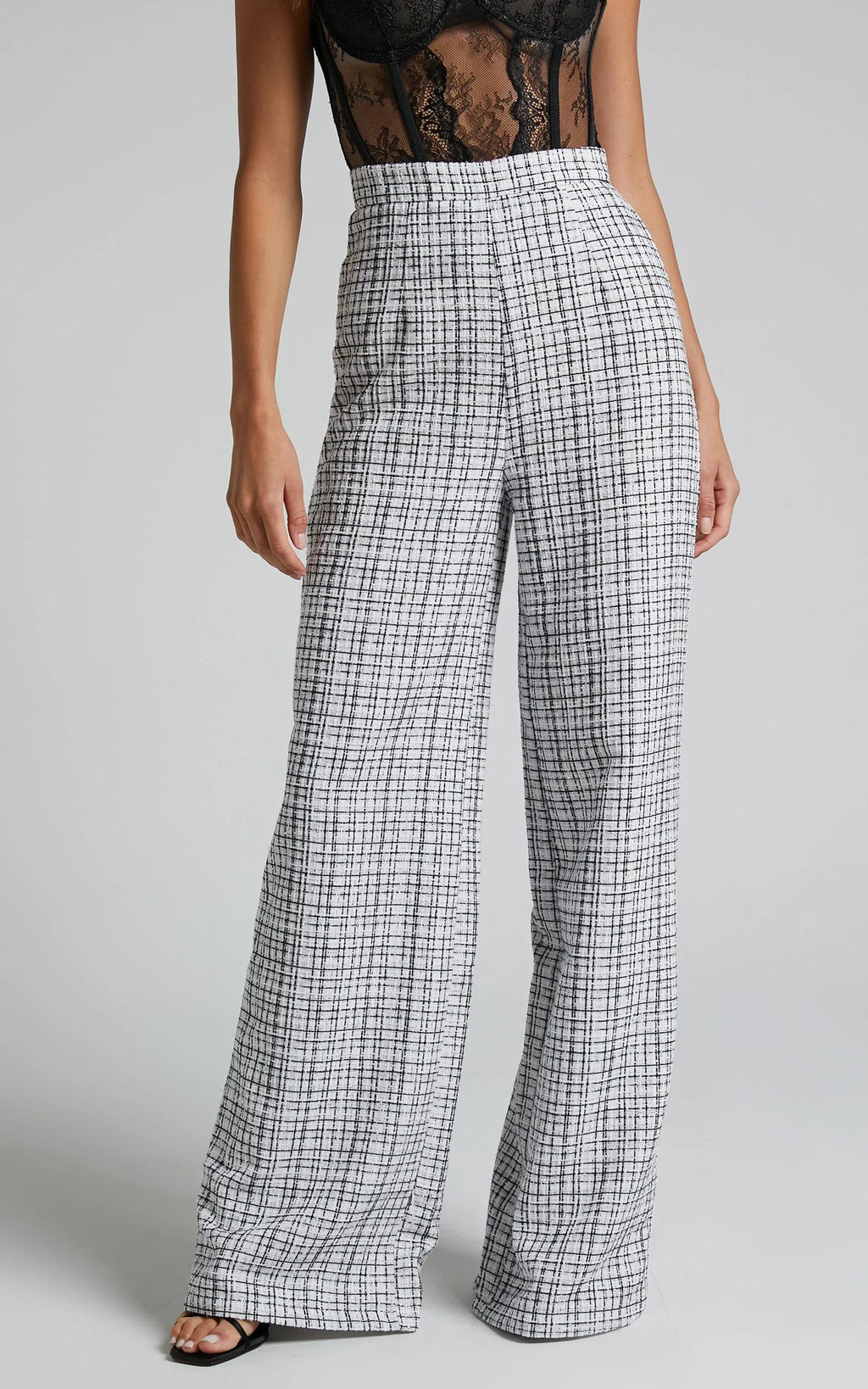 Icie Pants - High Waisted Tweed Wide Leg Pants in White & Black