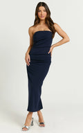 Calanthe Midi Dress - Strapless Tuck Detail Dress in Navy