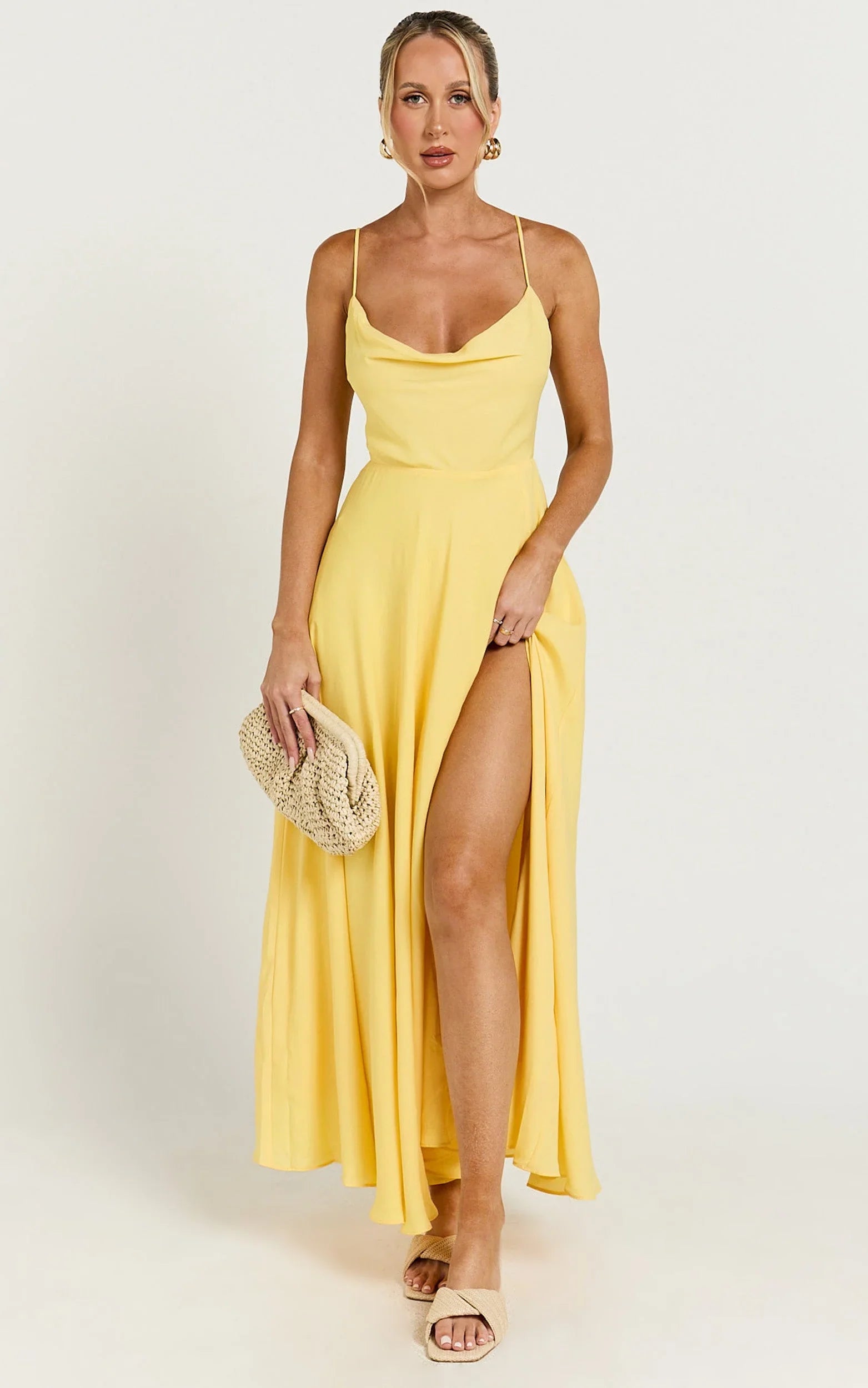 Celestine Midi Dress - Lace Up Back Cowl Neck Dress in Lemon