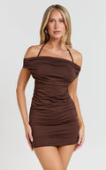 Gabriel Mini Dress - Halter Tie Back Bodycon Dress in Chocolate