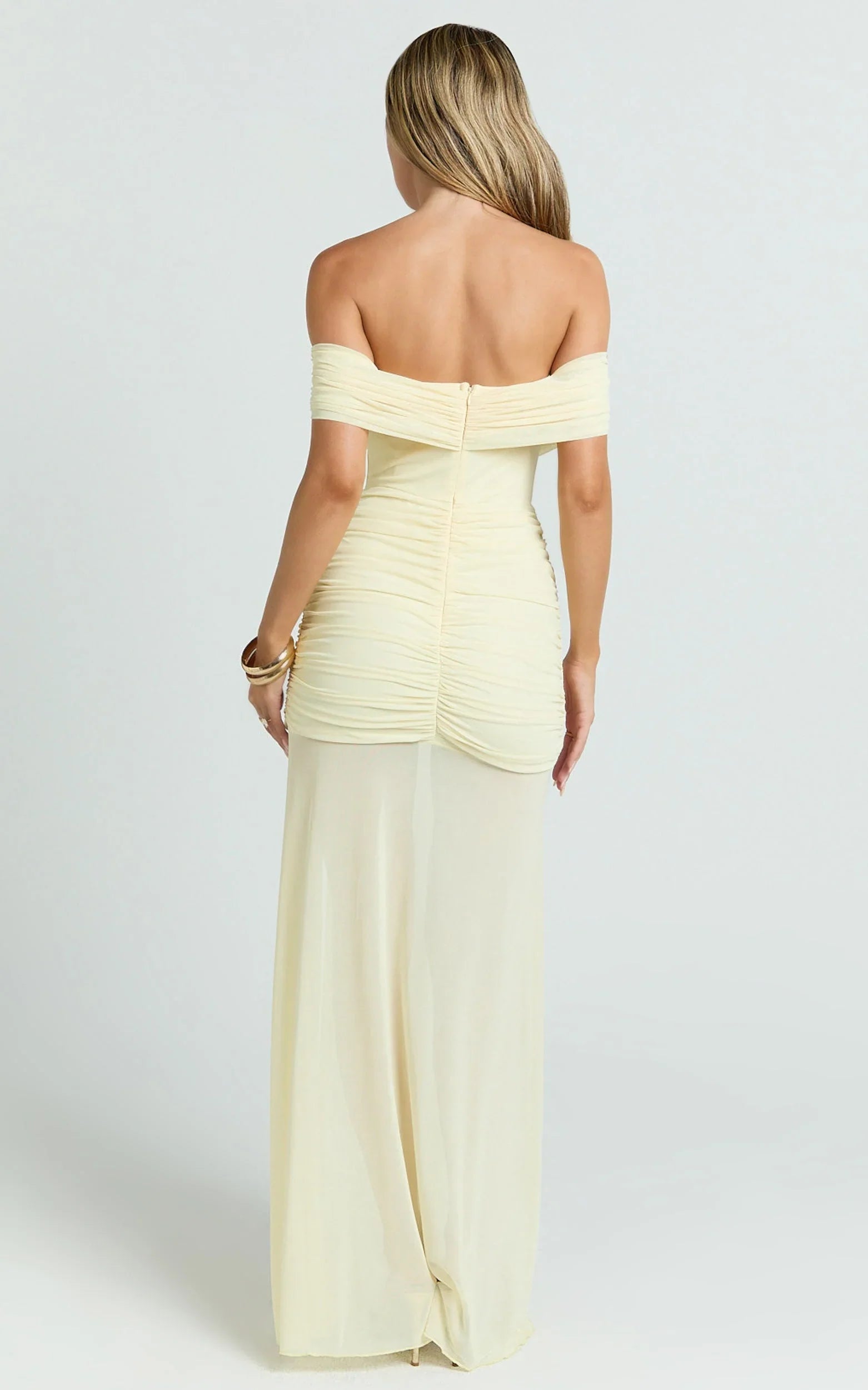 Leticia Maxi Dress - Mesh Off Shoulder Ruched High Split Dress in Lemon