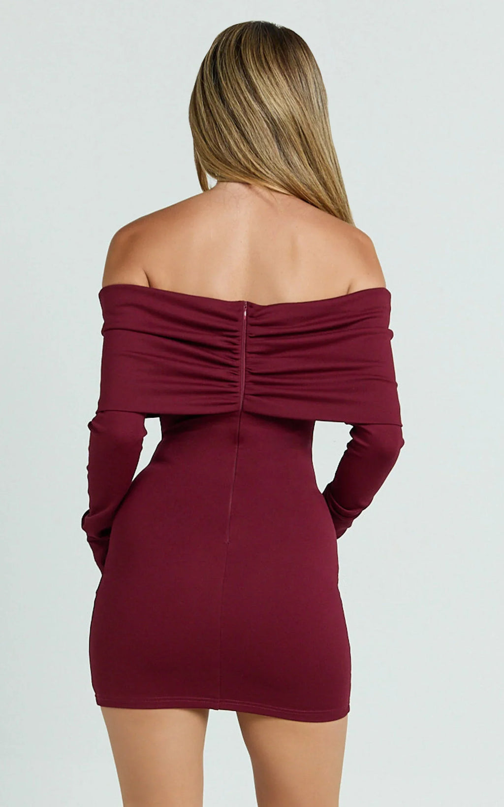 Rani Mini Dress - Off Shoulder Long Sleeve Bodycon Dress in Wine