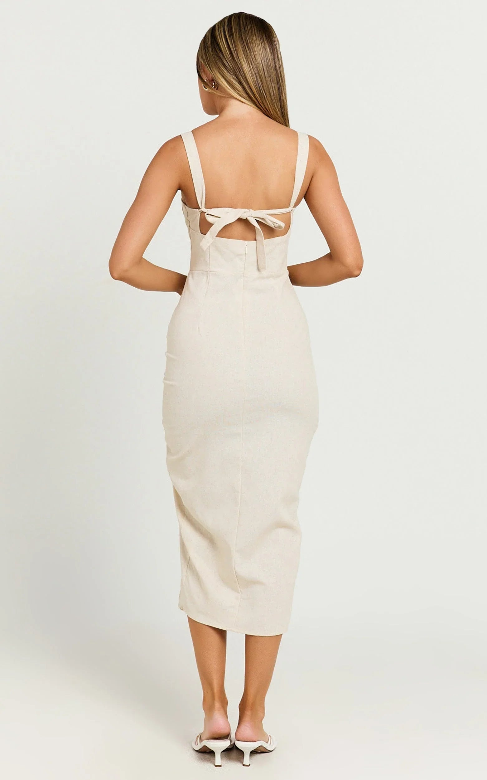 Griffin Midi Linen Blend Dress - Embroidered Tie Back Ruched Dress in Oatmeal